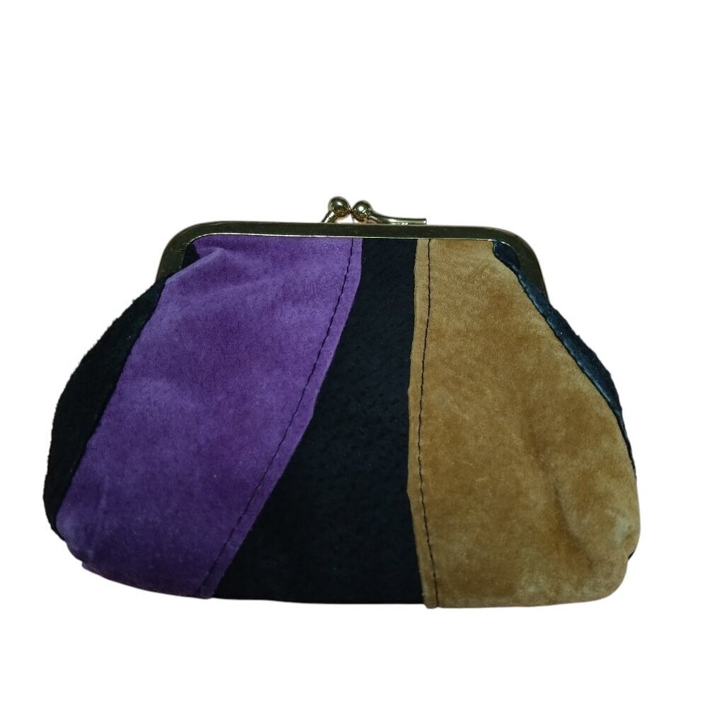 Vintage Patchwork Suede Double Sided Coin Purse Boho Hippie Kisslock Colorful